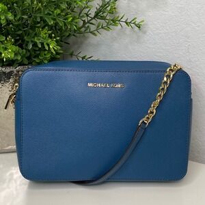 MICHAEL KORS Large Jet Set Crossbody‎ Bag Purse Blue Leather Gold Chain